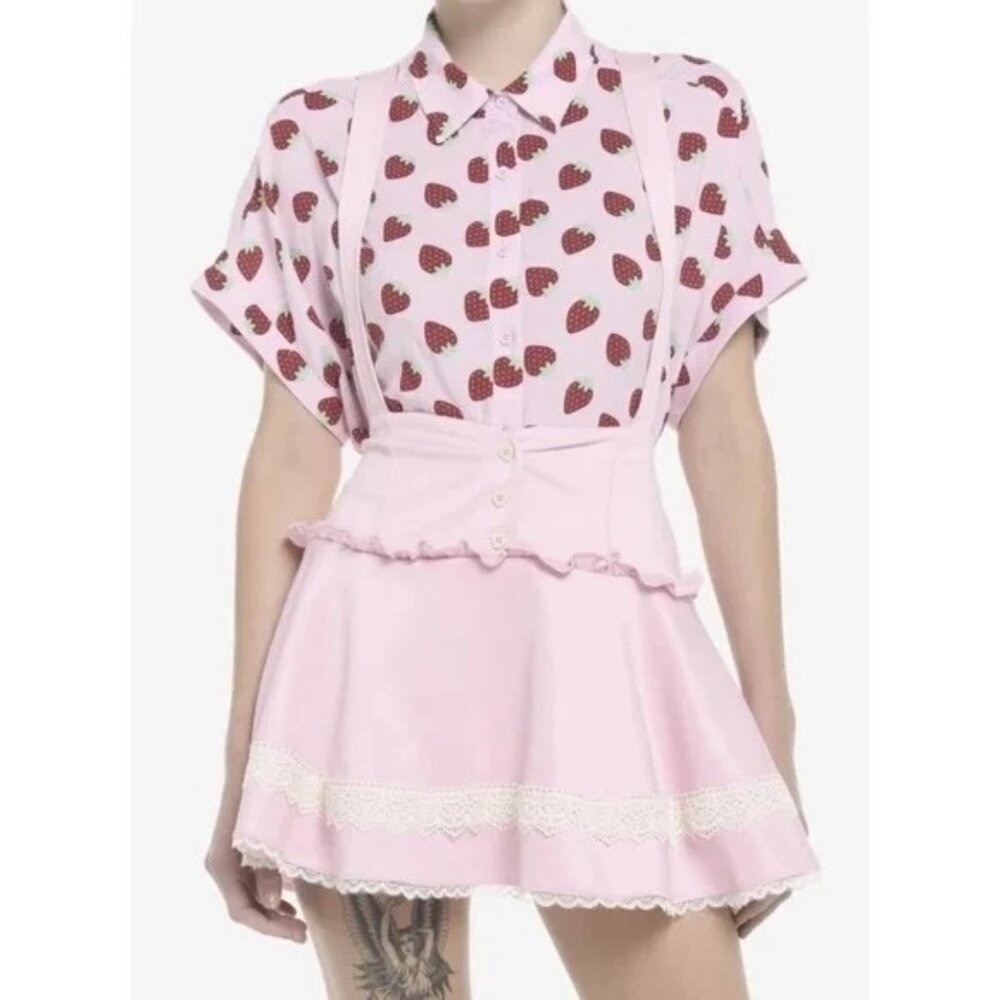 Pink Suspender Lace Cake Skirt Med Pinafore Coquette Valentine's Day Bubble Goth
